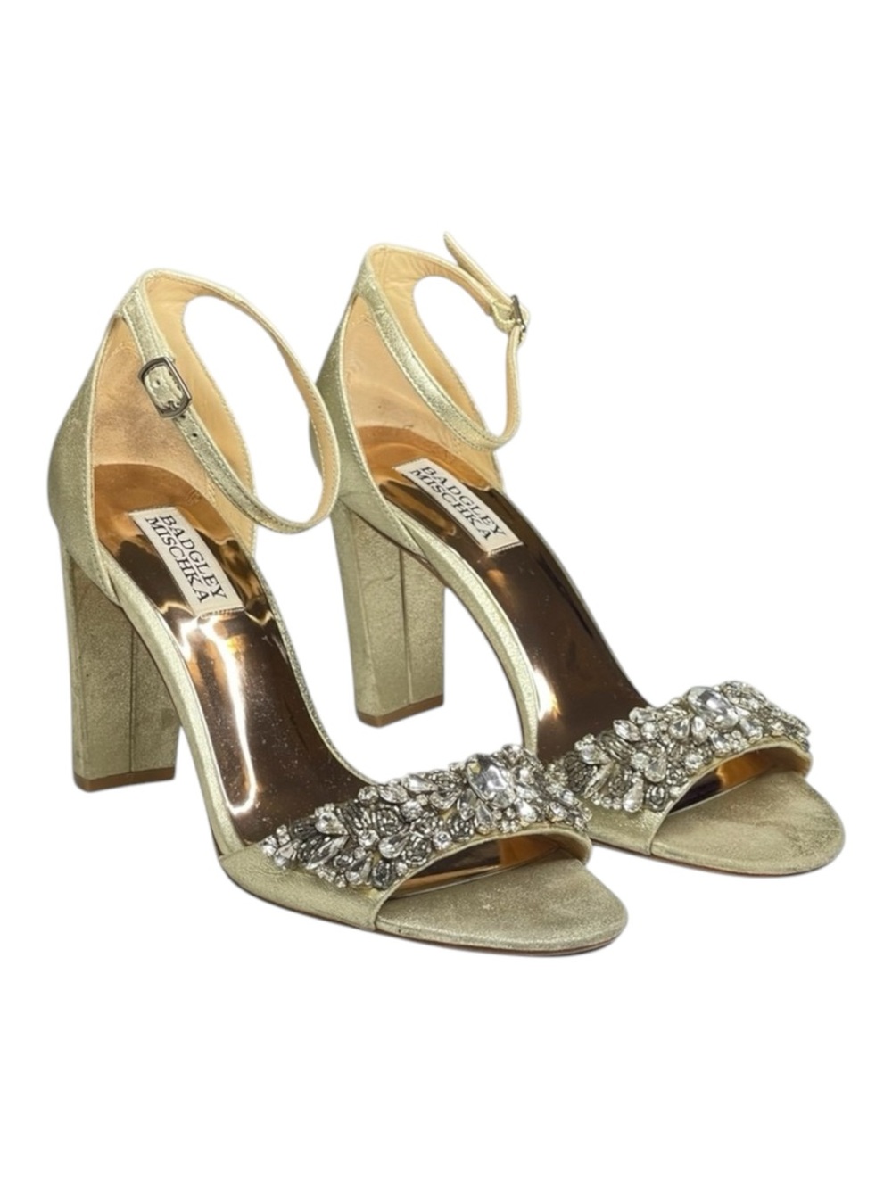 Badgley Mischka ❧ Barby Crystallized Heeled Sandals ❧ Gold Shimmery Leather ❧ 8M - Picture 9 of 16